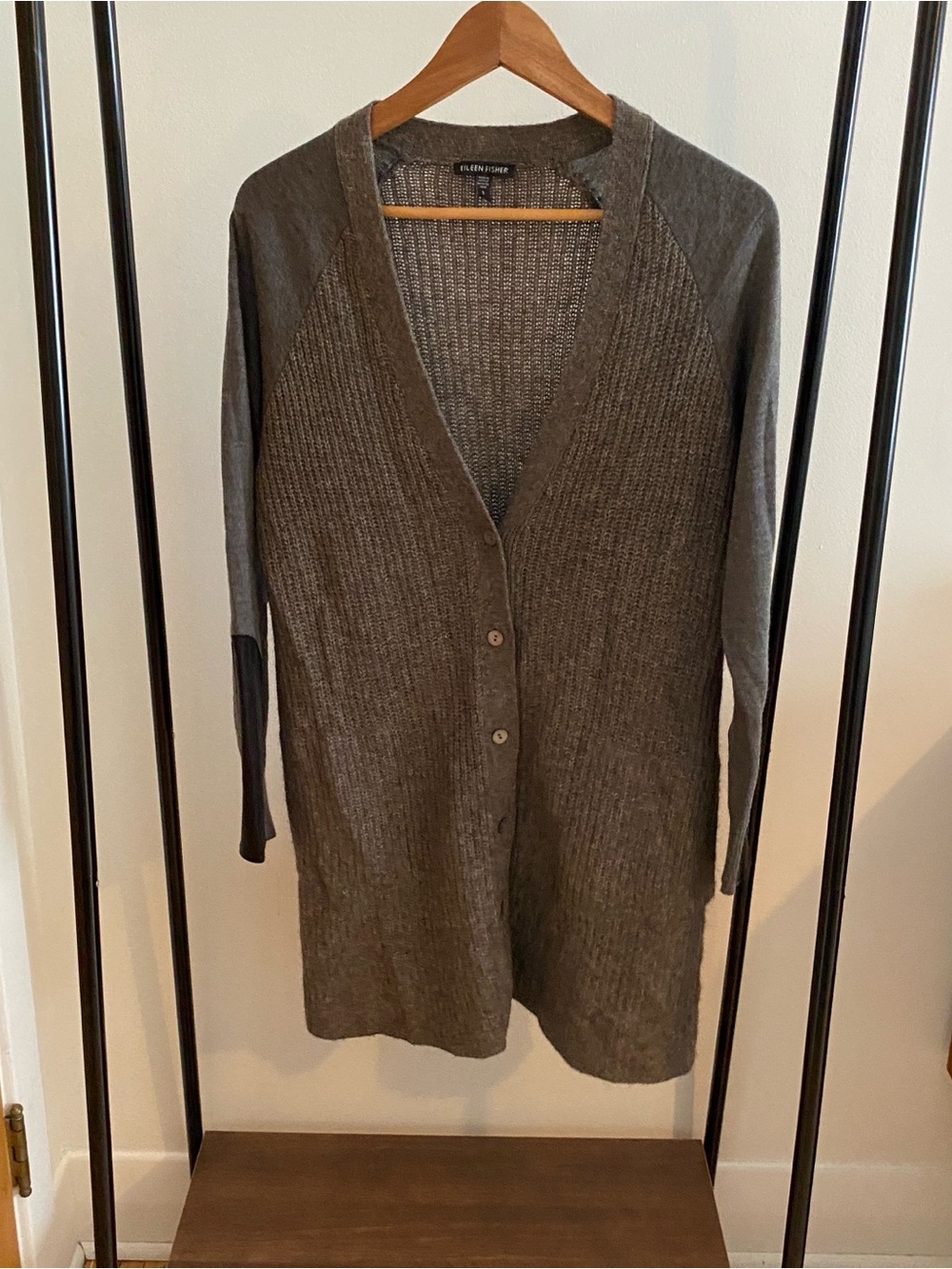 Eileen Fisher Yak Wool Leather Trim Cardigan Size S